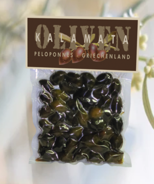 Verpackte Kalamata Oliven aus Griechenland.