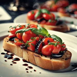 Bruschetta mit Tomaten und Basilikum auf Teller