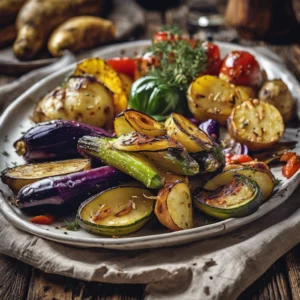 Gegrilltes Gemüse auf weißem Teller serviert.