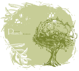 Bild zeigt unser Logo, einen Baum auf grünem Grund mit dem Schriftzug Olivenöl Pausch - Kulmbach