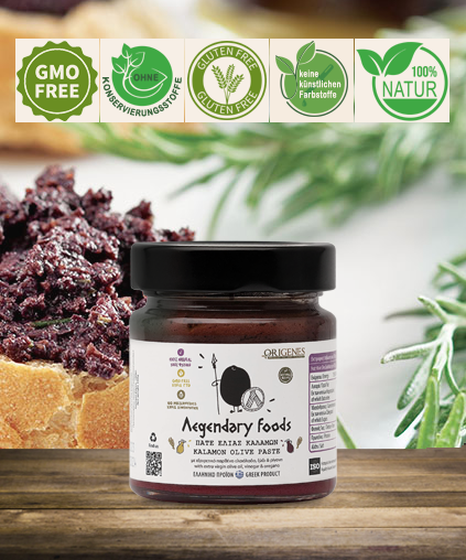 Kalamon-Olivenpaste im Glas, natürliche Zutaten, Aufstrich.